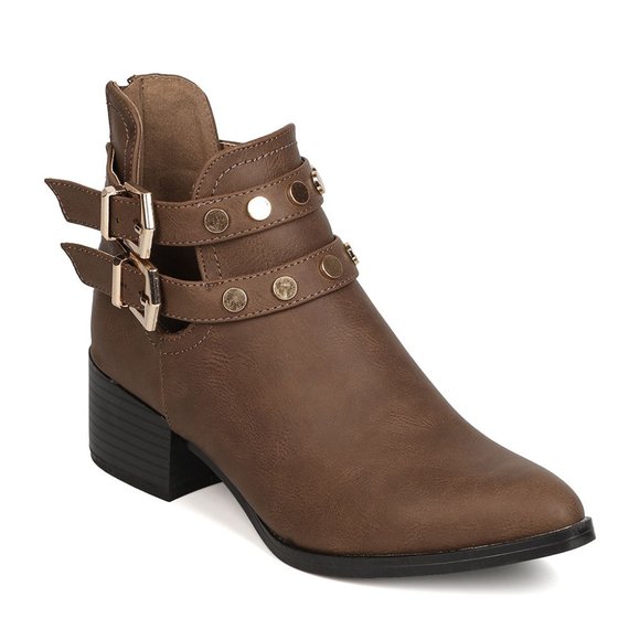 Pointy Toe Gold Round Studded Buckled Cutout Block Heel Ankle Booties - Picture 4 of 6